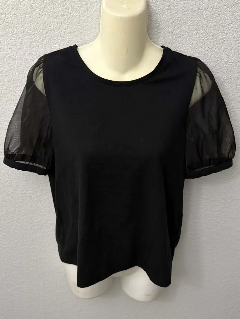 Madewell Sheer Puff Mesh Sleeve Crew Neck Knit Top